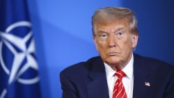 US President Donald Trump looks on next to NATO Secretary General Mark Rutte (not pictured) at the NATO summit of heads of state and government in The Hague on June 25, 2025.