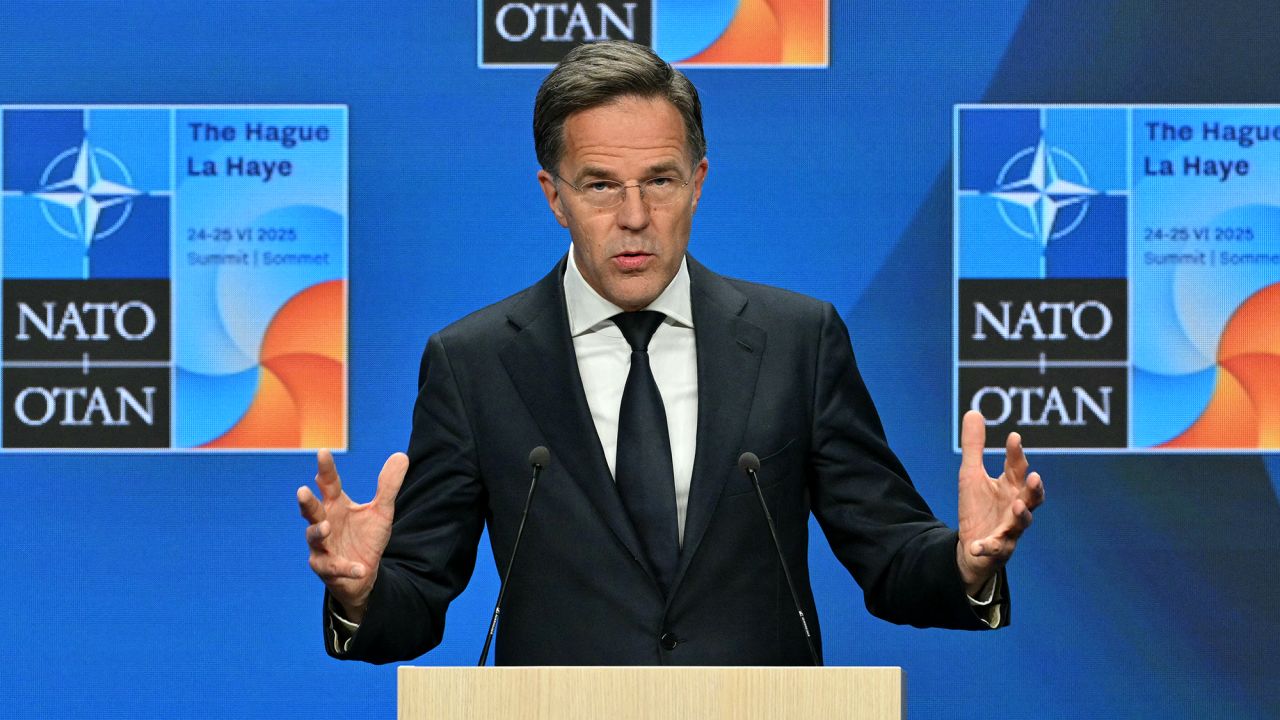 NATO Secretary General Mark Rutte addresses a press conference during the North Atlantic Treaty Organization (NATO) summit in The Hague on June 25, 2025. (Photo by NICOLAS TUCAT / AFP) (Photo by NICOLAS TUCAT/AFP via Getty Images)          