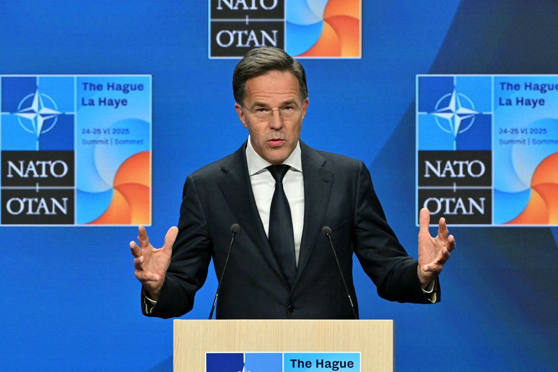 NATO Secretary General Mark Rutte speaks at a news conference during the summit on Wednesday.