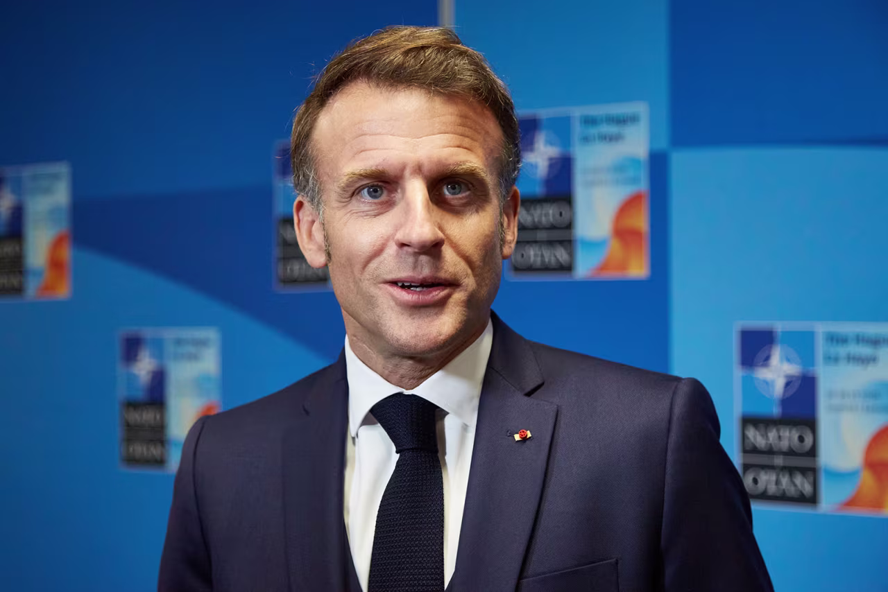 President of France Emmanuel Macron speaks to the press during the NATO summit, in The Hague, on June 25, 2025.