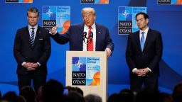 US President Donald Trump, center, during a news conference with Pete Hegseth, US secretary of defense, left, and Marco Rubio, US secretary of state on the second day of the 2025 NATO Summit on June 25, 2025 in The Hague, Netherlands. Among other matters, members are to approve a new defense investment plan that raises the target for defense spending to 5% of GDP.