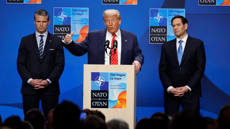 US President Donald Trump, center, during a news conference with Pete Hegseth, US secretary of defense, left, and Marco Rubio, US secretary of state on the second day of the 2025 NATO Summit on June 25, 2025 in The Hague, Netherlands. Among other matters, members are to approve a new defense investment plan that raises the target for defense spending to 5% of GDP.
