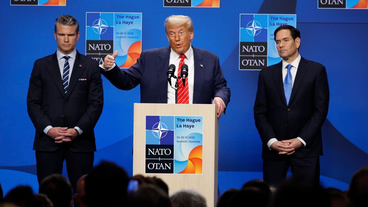 US President Donald Trump, center, during a news conference with Pete Hegseth, US secretary of defense, left, and Marco Rubio, US secretary of state on the second day of the 2025 NATO Summit on June 25, 2025 in The Hague, Netherlands. Among other matters, members are to approve a new defense investment plan that raises the target for defense spending to 5% of GDP.