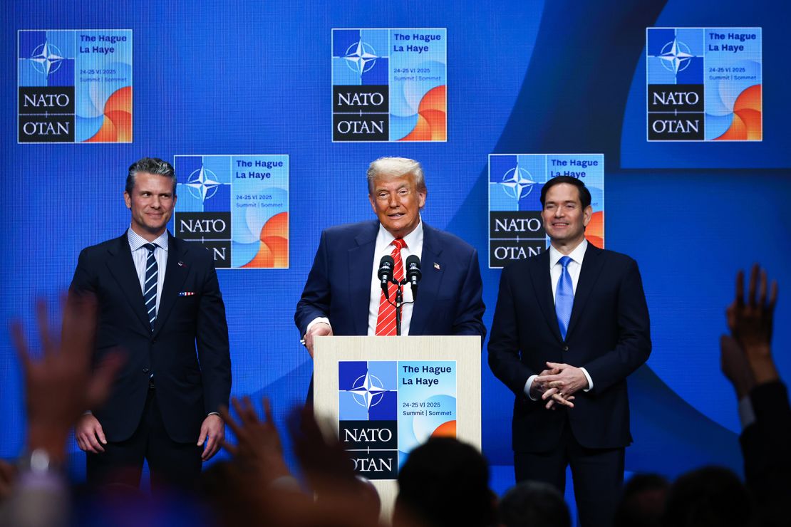 President Donald Trump, Defense Secretary Pete Hegseth and Secretary of State Marco Rubio attend a news conference during the 76th NATO Summit in the World Forum in The Hague, Netherlands, on June 25, 2025.