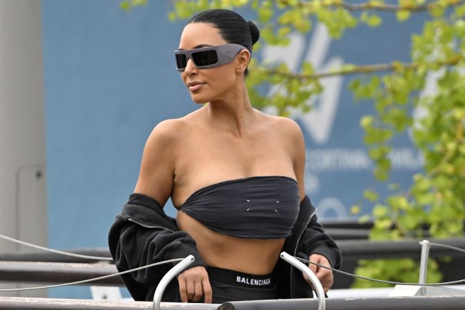 US reality TV personality Kim Kardashian boards a taxi boat wearing Balenciaga at Venice Marco Polo airport on Thursday, June 26, ahead of Lauren Sanchez and Jeff Bezos' wedding.