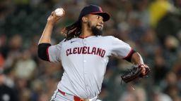 Emmanuel Clase #48 of the Cleveland Guardians pitches against the Athletics during the ninth inning at Sutter Health Park on June 21, 2025, in Sacramento, California.