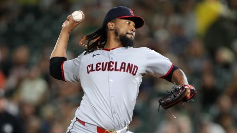 Emmanuel Clase #48 of the Cleveland Guardians pitches against the Athletics during the ninth inning at Sutter Health Park on June 21, 2025, in Sacramento, California.
