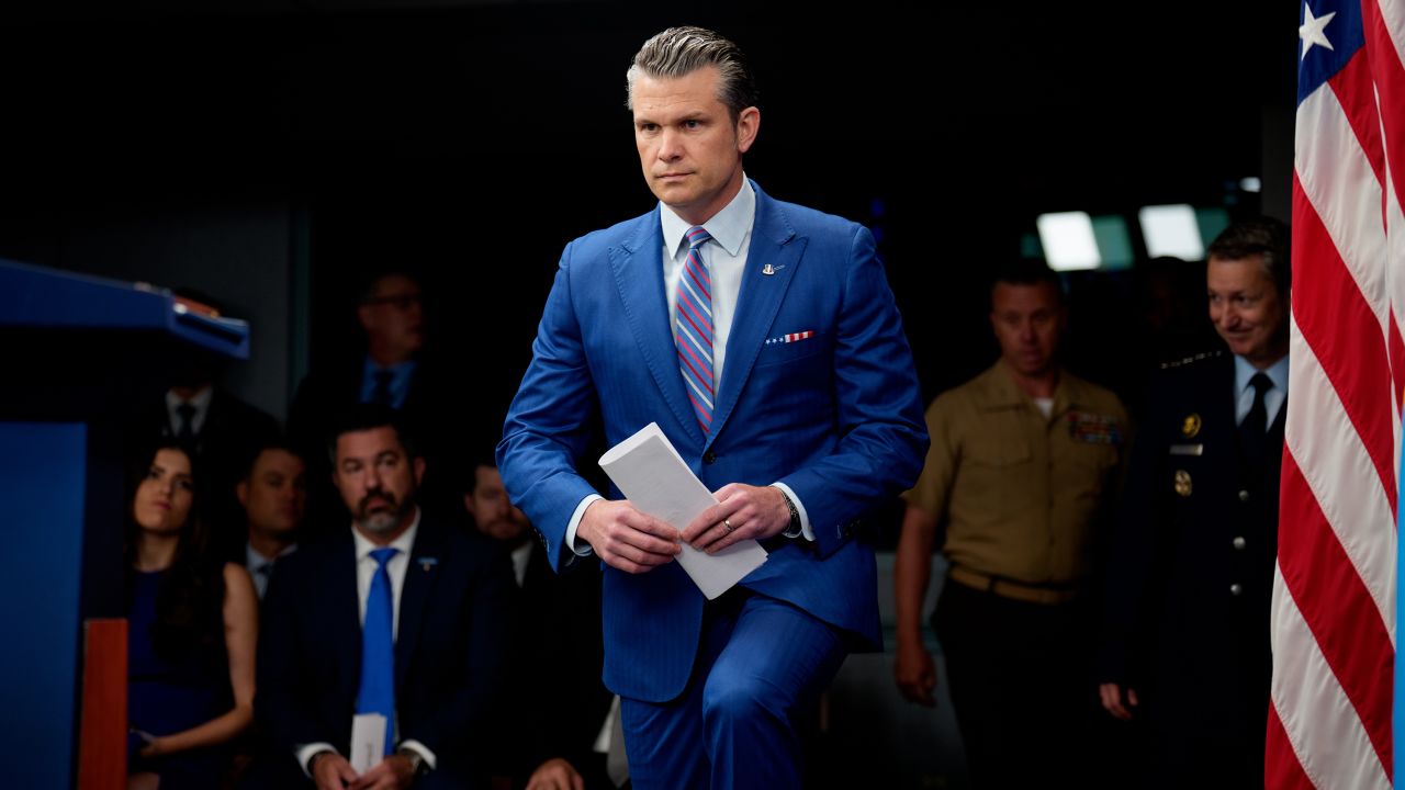 U.S. Defense Secretary Pete Hegseth and Chairman of the Joint Chiefs of Staff Air Force Gen. Dan Caine (R), arrive for a news conference at the Pentagon on June 26, 2025 in Arlington, Virginia. Top officials from the Department of Defense gave an update after three Iranian nuclear facilities were struck by the U.S. military last weekend and Iran countered by launching missiles at Al Udeid Air Base in Qatar.
