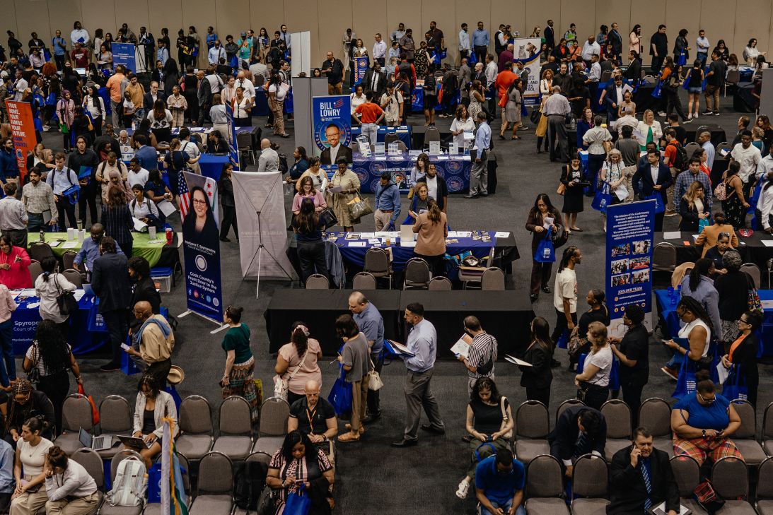 Job seekers attend a job fair hosted by the Cook County government to support federal workers in Chicago on June 26.