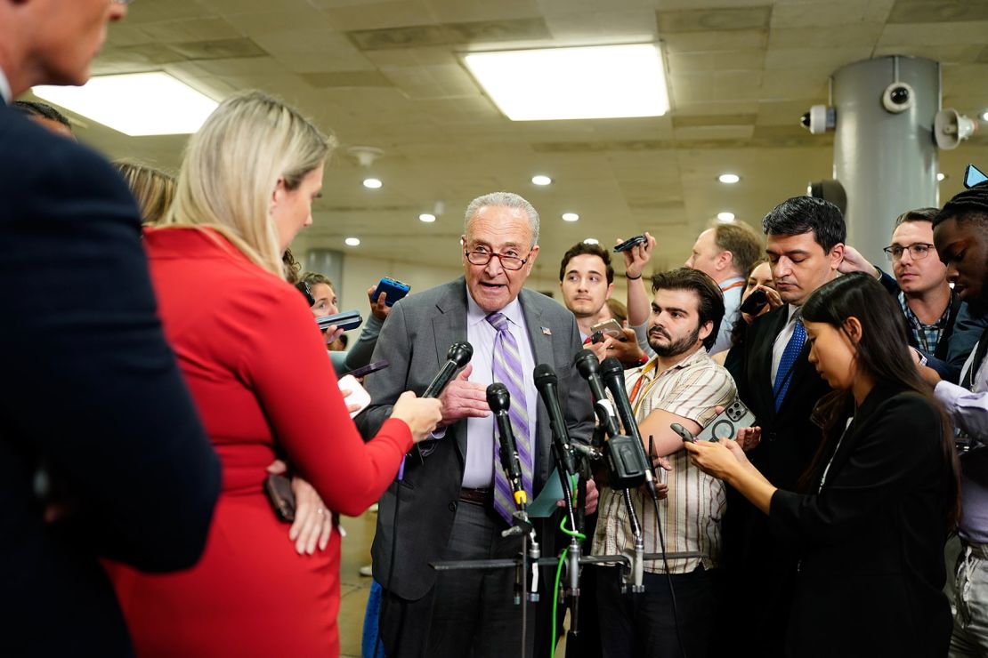 Senate Minority Leader Chuck Schumer, a Democrat from New York, speaks to members of the media following a briefing at the US Capitol in Washington, DC, US, on Thursday, June 26, 2025.