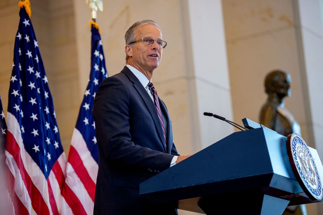 Senate Majority Leader John Thune speaks during a Congressional Gold Medal ceremony on Capitol Hill on June 26, 2025 in Washington, DC.
