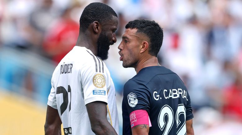 Antonio (left) and Gustavo Cabral (right) clash during the Real Madrid vs. Pachuca game at the FIFA Club World Cup.