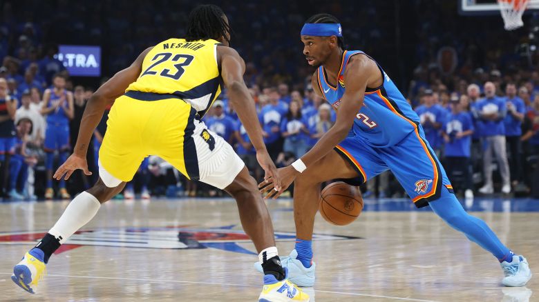 OKLAHOMA CITY, OKLAHOMA - JUNE 22:  Shai Gilgeous-Alexander #2 of the Oklahoma City Thunder is defended by Aaron Nesmith #23 of the Indiana Pacers during the second quarter in Game Seven of the 2025 NBA Finals at Paycom Center on June 22, 2025 in Oklahoma City, Oklahoma. NOTE TO USER: User expressly acknowledges and agrees that, by downloading and or using this photograph, User is consenting to the terms and conditions of the Getty Images License Agreement. (Photo by Matthew Stockman/Getty Images)
