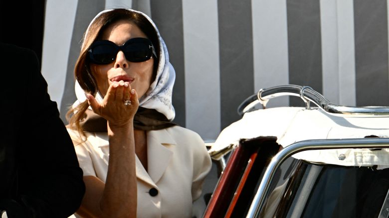 Lauren Sanchez leaveS the Aman Hotel on her wedding day with Amazon's founder Jeff Bezos and, in Venice on June 27, 2026.  (Photo by Stefano Rellandini / AFP) (Photo by STEFANO RELLANDINI/AFP via Getty Images)          