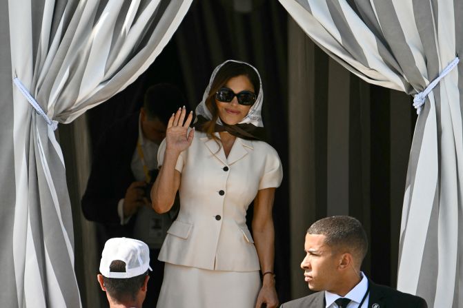 Lauren Sanchez leaves the Aman hotel in Venice, Italy, ahead of her wedding to Jeff Bezos on Friday, June 27. She was wearing a white tailored Dior skirt suit and Tom Ford sunglasses as she headed to the island of San Giorgio Maggiore.