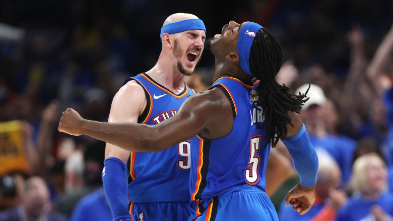 OKLAHOMA CITY, OKLAHOMA - JUNE 22:  Alex Caruso #9 and Luguentz Dort #5 of the Oklahoma City Thunder celebrate during the fourth quarter against the Indiana Pacers in Game Seven of the 2025 NBA Finals at Paycom Center on June 22, 2025 in Oklahoma City, Oklahoma. NOTE TO USER: User expressly acknowledges and agrees that, by downloading and or using this photograph, User is consenting to the terms and conditions of the Getty Images License Agreement. (Photo by Matthew Stockman/Getty Images)