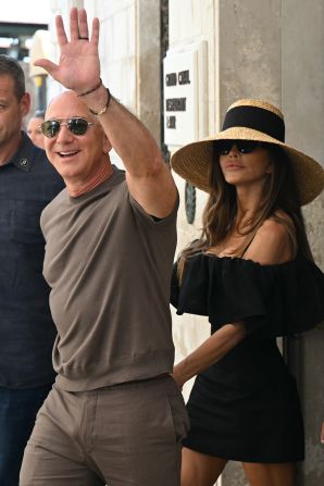 Bezos and Sanchez Bezos arrive at Harry's Bar restaurant, a day after their wedding, on Saturday.