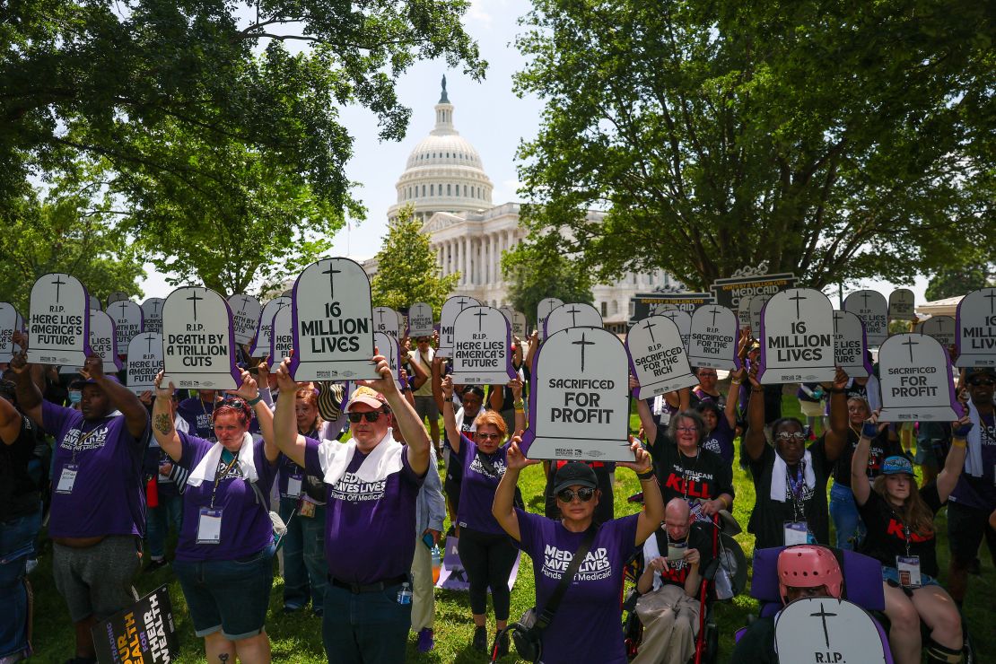 Care workers with the Service Employees International Union protest at the US Capitol on June 23, 2025.