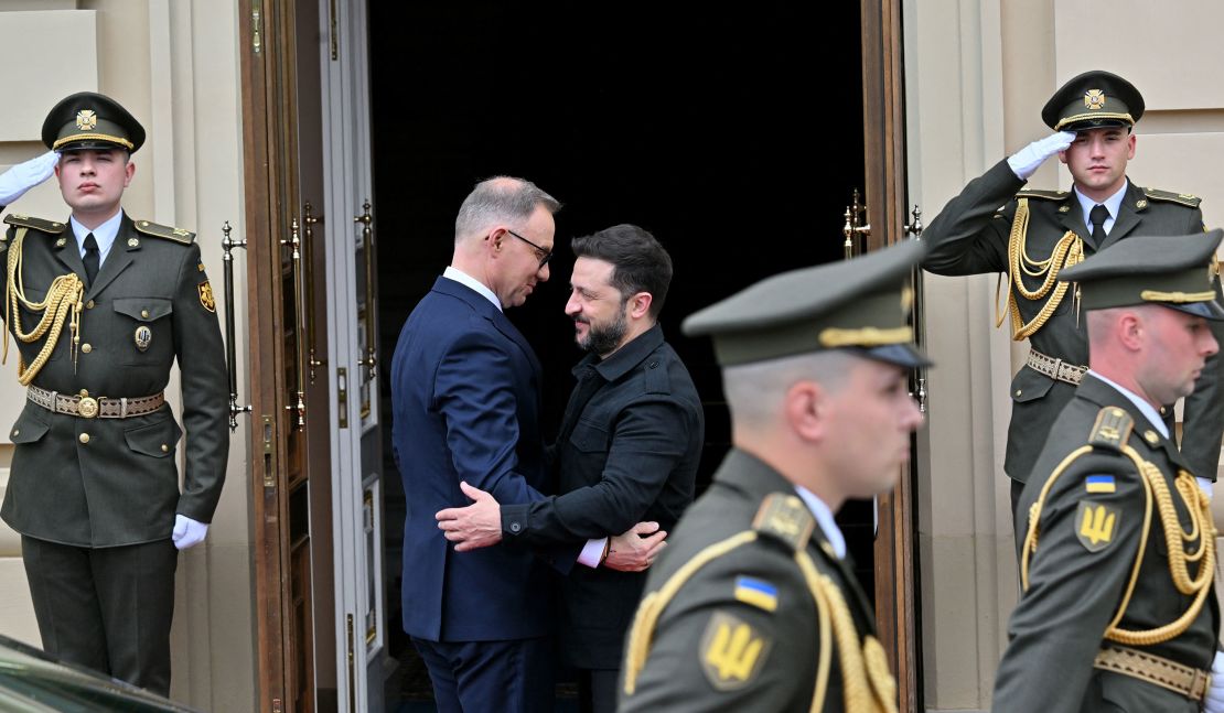 Ukrainian President Volodymyr Zelensky and Poland's President Andrzej Duda greet each other as they arrive for their meeting outside Mariinskyi Palace in Kyiv, Ukraine on June 28, 2025.