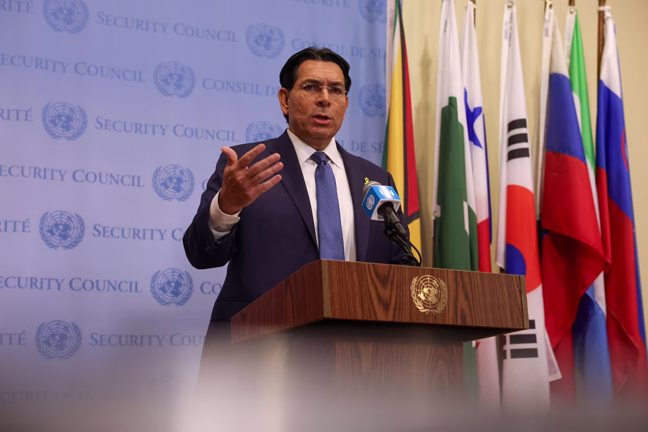 Israeli Ambassador to the United Nations Danny Danon speaks to reporters ahead of a Security Council meeting on Iran's nuclear program on Tuesday.