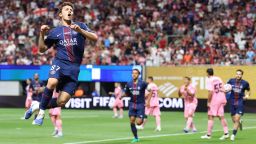 Paris Saint-Germain's Joao Neves celebrates after scoring the opening goal of FIFA Club World Cup round of 16 match aganst Inter Miami at the Mercedes-Benz Stadium in Atlanta.