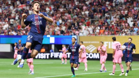 Paris Saint-Germain's Joao Neves celebrates after scoring the opening goal of FIFA Club World Cup round of 16 match aganst Inter Miami at the Mercedes-Benz Stadium in Atlanta.