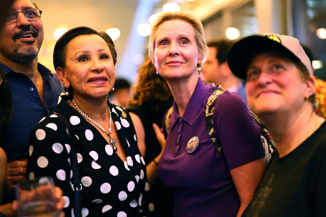 US Rep Nydia Velazquez of New York (L) and actress Cynthia Nixon (R) watch election returns during an election night gathering for New York mayoral candidate, State Rep. Zohran Mamdani at The Greats of Craft LIC on June 24, 2025 in the Long Island City neighborhood of the Queens borough in New York City.