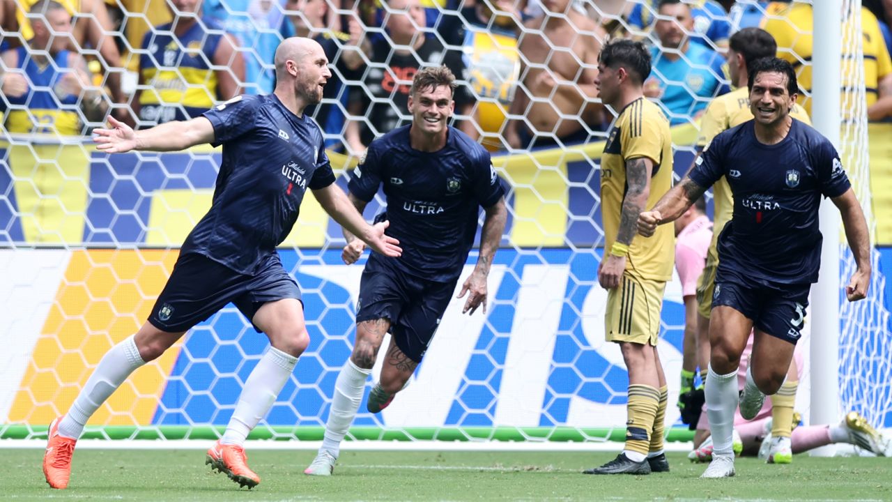 Christian Gray #4 of Auckland City FC celebrates the team's first goal during the FIFA Club World Cup 2025 group C match between Auckland City FC and CA Boca Juniors at GEODIS Park on June 24, 2025 in Nashville, Tennessee.