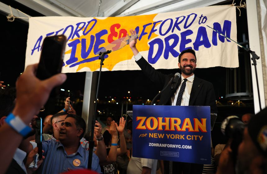New York mayoral candidate, State Rep. Zohran Mamdani (D-NY) greets supporters during an election night gathering on June 24, 2025.