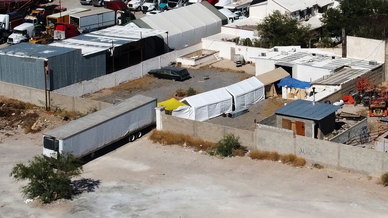 Aerial view showing a crematorium where authorities found over 380 corpses embalmed in Ciudad Juarez, Chihuahua state, Mexico, on June 29, 2025.