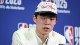 Yang Hansen speaks to the media after being drafted 16th oveall by the Memphis Grizzlies then traded to the Portland Trail Blazers during the 2025 NBA Draft at Barclays Center on June 25, 2025 in the Brooklyn borough of New York City.