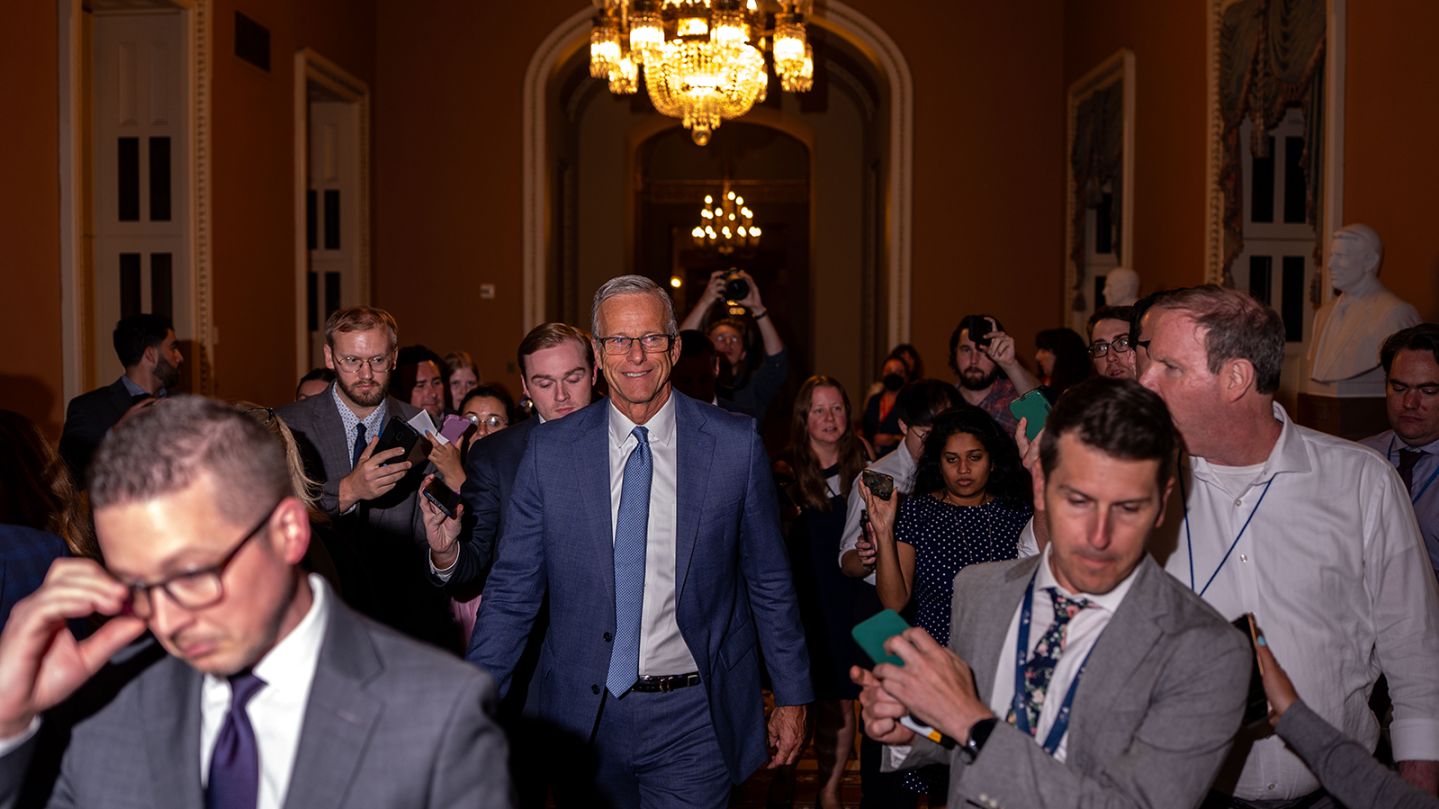 Senate Majority Leader John Thune, a Republican from South Dakota, center, walks to the senate chamber during a vote-a-rama at the US Capitol in Washington, DC, US, on Monday, June 30, 2025.