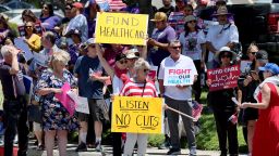 Anaheim, CA - July 01: A protest co-led by the California Nurses Assn. called on Rep. Young Kim (R-Anaheim Hills) to vote against President Donald Trump's spending bill that would slash spending on healthcare and other federal safety net programs while extending tax cuts outside Kim's field office in Anaheim on Tuesday, July 1, 2025. (Allen J. Schaben / Los Angeles Times via Getty Images)