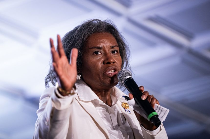 Winsome Earle-Sears, Republican gubernatorial candidate in Virginia, speaks during a campaign event at the Vienna Volunteer Fire Department in Vienna, Virginia, on July 1, 2025.