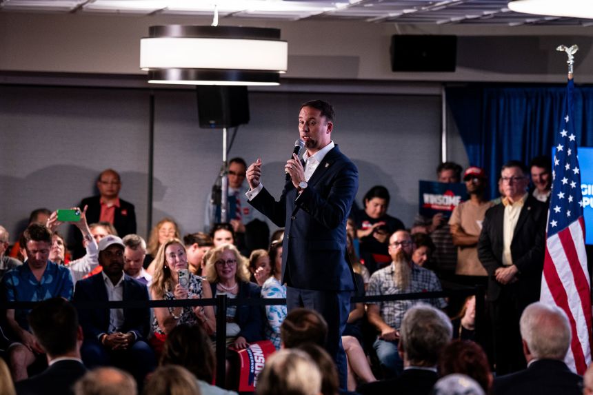 Jason Miyares, Virginia attorney general, speaks during a campaign event with Republican gubernatorial candidate Winsome Earle-Sears, in Vienna, Virginia, on July 1.