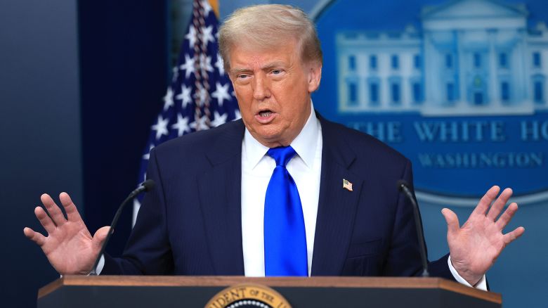 U.S. President Donald Trump answers questions during a press conference on recent Supreme Court rulings in the briefing room at the White House on June 27, 2025 in Washington, DC.