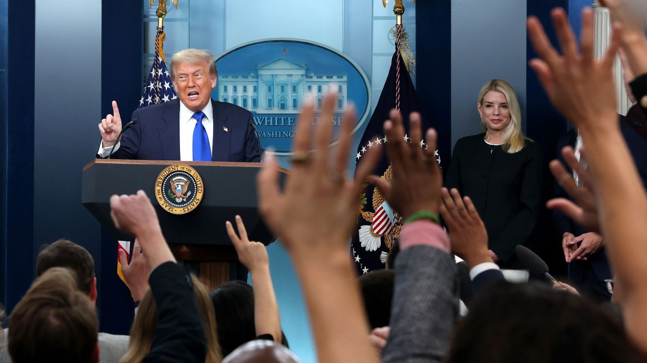 U.S. President Donald Trump, joined by U.S. Attorney General Pam Bondi, takes questions during a press conference on recent Supreme Court rulings in the briefing room at the White House on June 27, 2025 in Washington, DC.