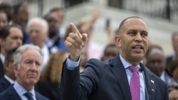 US House Minority Leader Hakeem Jeffries, Democrat of New York speaks during a press conference on the steps of the US Capitol after the Senate passed the 