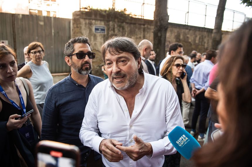 Sigfrido Ranucci is pictured attending a protest in June against the economic cuts to news broadcasts wanted by RAI management.