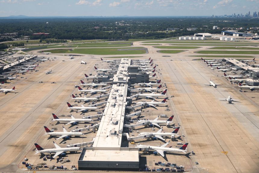 Delta Airlines passenger aircraft are seen from the air at Hartsfield-Jackson Atlanta International Airport on July 2.