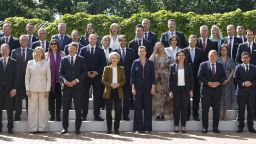 Denmark's Prime Minister Mette Frederiksen (first row, C-R), European Commission President Ursula von der Leyen (first row, C-L) and ministers pose for a family photo during the official opening of Denmark's EU presidency in Aarhus, Denmark, on July 3, 2025, as Denmark takes over the European Union's rotating presidency. During its six month turn as EU president, Denmark wants to push ahead with EU plans presented in March to increase EU defence capabilities by simplifying procedures and offering countries loans to finance investment in Europe's defence industry. (Photo by Mikkel Berg Pedersen / Ritzau Scanpix / AFP) / Denmark OUT (Photo by MIKKEL BERG PEDERSEN/Ritzau Scanpix/AFP via Getty Images)          
