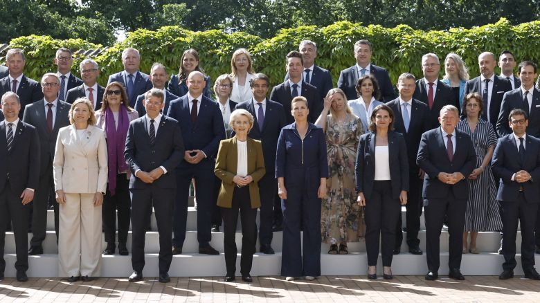 Denmark's Prime Minister Mette Frederiksen (first row, C-R), European Commission President Ursula von der Leyen (first row, C-L) and ministers pose for a family photo during the official opening of Denmark's EU presidency in Aarhus, Denmark, on July 3, 2025, as Denmark takes over the European Union's rotating presidency. During its six month turn as EU president, Denmark wants to push ahead with EU plans presented in March to increase EU defence capabilities by simplifying procedures and offering countries loans to finance investment in Europe's defence industry. (Photo by Mikkel Berg Pedersen / Ritzau Scanpix / AFP) / Denmark OUT (Photo by MIKKEL BERG PEDERSEN/Ritzau Scanpix/AFP via Getty Images)          