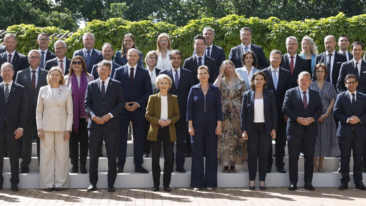 Denmark's Prime Minister Mette Frederiksen (first row, C-R), European Commission President Ursula von der Leyen (first row, C-L) and ministers pose for a family photo during the official opening of Denmark's EU presidency in Aarhus, Denmark, on July 3, 2025, as Denmark takes over the European Union's rotating presidency. During its six month turn as EU president, Denmark wants to push ahead with EU plans presented in March to increase EU defence capabilities by simplifying procedures and offering countries loans to finance investment in Europe's defence industry. (Photo by Mikkel Berg Pedersen / Ritzau Scanpix / AFP) / Denmark OUT (Photo by MIKKEL BERG PEDERSEN/Ritzau Scanpix/AFP via Getty Images)          