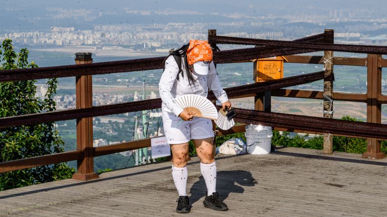 A woman fans herself to remove lovebugs or Plecia nearctica at Mount Gyeyang summit in Incheon on July 3, 2025.