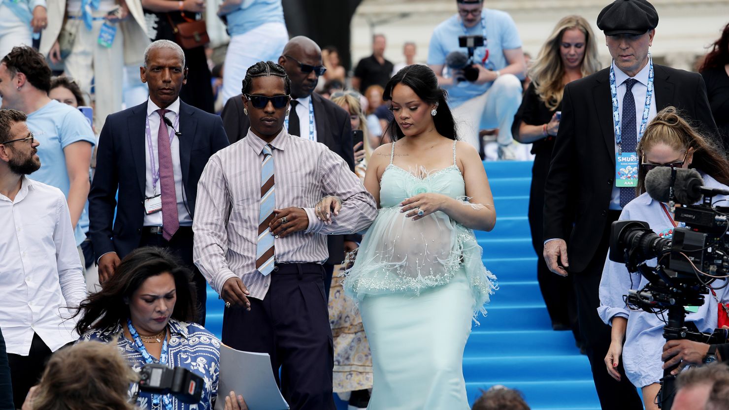 A$AP Rocky and Rihanna attend the "Smurfs" Global Premiere at Mont des Arts on June 28, 2025 in Brussels, Belgium.