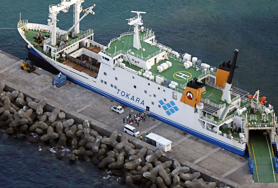 Residents and visitors boarding a ferry to evacuate from Akuseki Island on July 4, 2025, after an earthquake with a preliminary magnitude of 5.5 hit the island