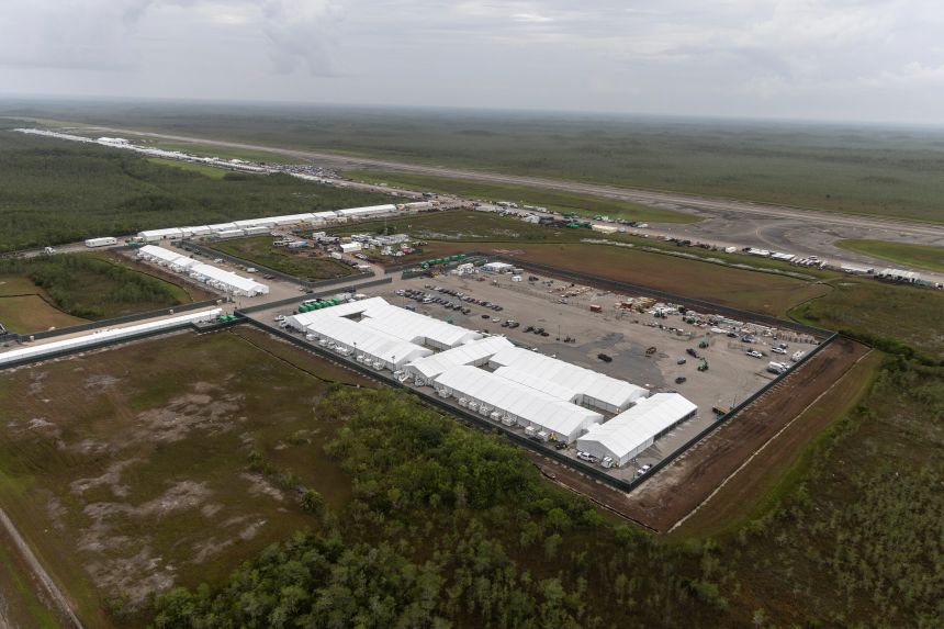 In an aerial view from a helicopter, the migrant detention center, dubbed