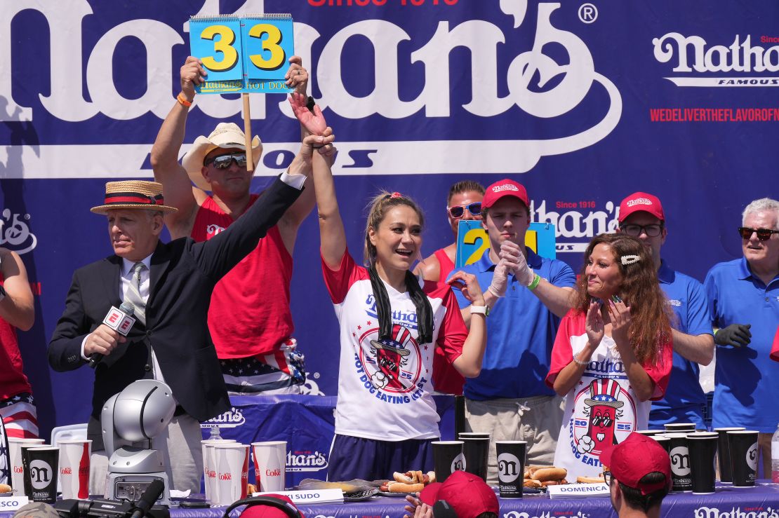 Miki Sudo celebrates her 11th Nathan’s Famous International Hot Dog Eating Contest title on Friday.