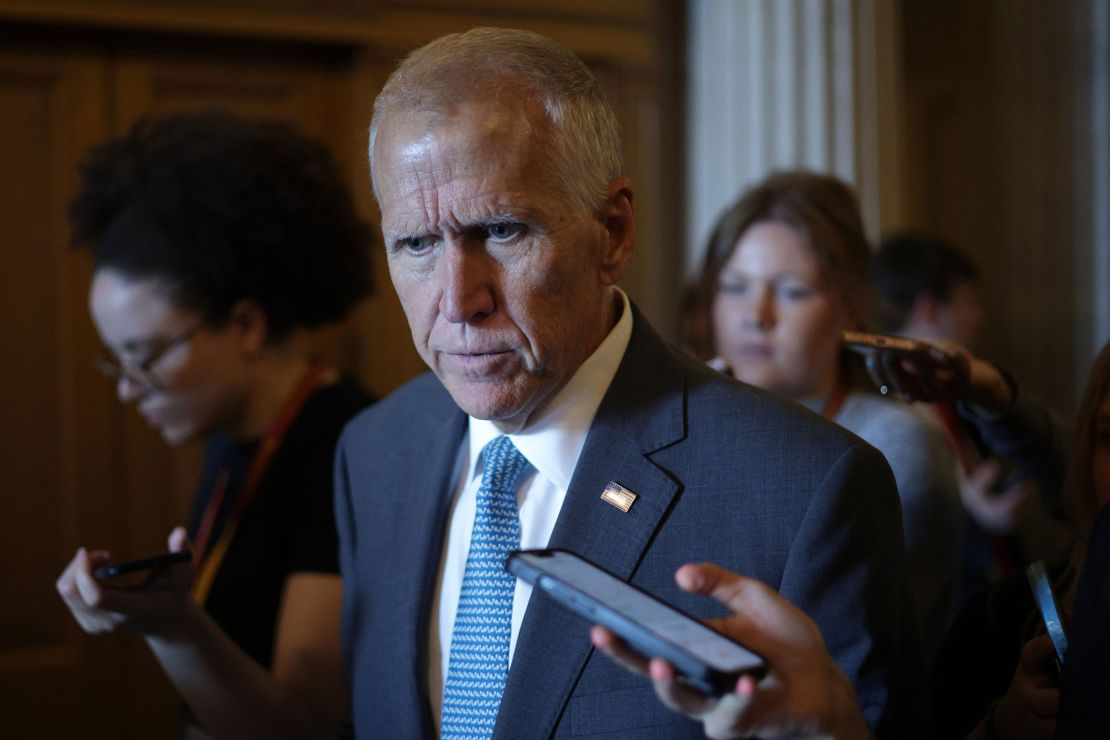 Republican North Carolina Sen. Thom Tillis speaks to reporters at the US Capitol Building on June 30, 2025 in Washington, DC.