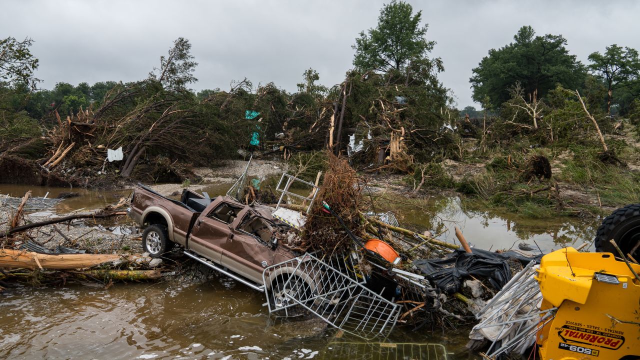 KERRVILLE, TEXAS - JULY 05: Flood waters left debris including vehicles and equipment scattered in Louise Hays Park on July 5, 2025 in Kerrville, Texas. Heavy rainfall caused flooding along the Guadalupe River in central Texas with multiple fatalities reported. (Photo by Eric Vryn/Getty Images)
